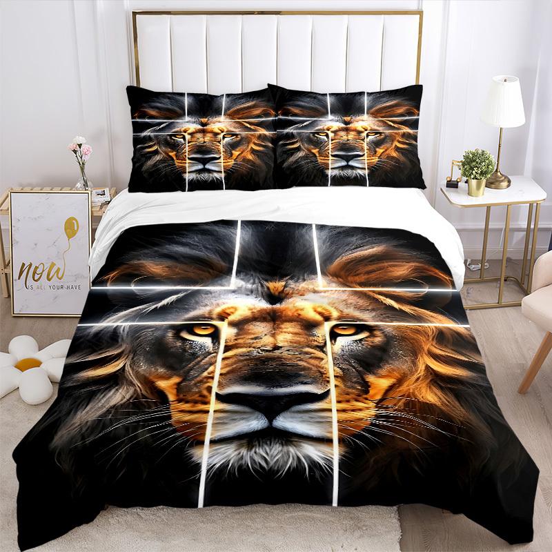 3pcs Lion Face Bedding Set - 1 Duvet Cover + 2 Pillowcases(Core Not Included), Machine Washable Polyester Yy251216130
