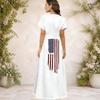 Women Plus Size V Neck Short Sleeve Printed Navy Blue Straight Long Maxi Dress