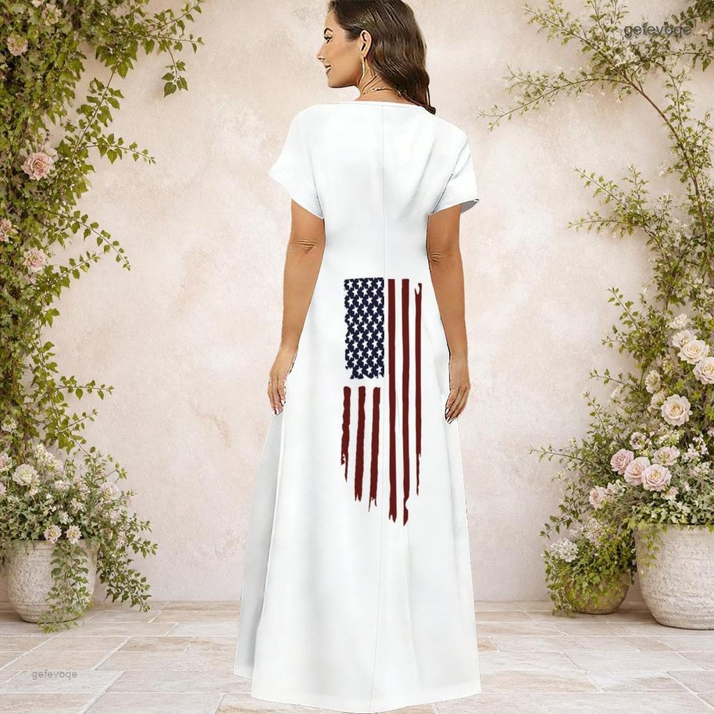 Women Plus Size V Neck Short Sleeve Printed Navy Blue Straight Long Maxi Dress