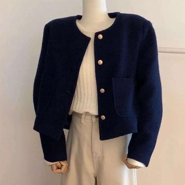 Dámský jarní a podzimní modrý tvídový kabátek ve vintage stylu s kulatým výstřihem, francouzská elegance, svrchní oděv na dojíždění