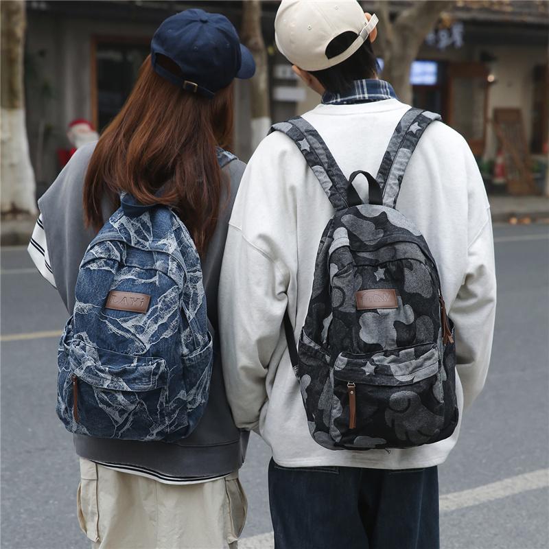 Denim Camouflage Backpack Casual Style Unisex School Bag Fashionable Travel Rucksack