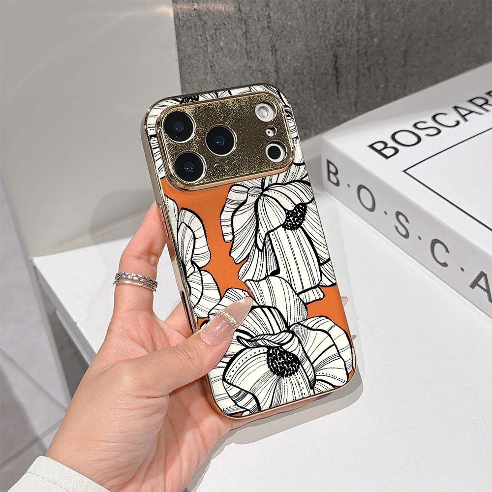 Lucky Start Phone Case For iPhone 17 16 15 14 13 12 11 Pro Max 16E Gold Electroplated glass shell  Orange Flowers Cover