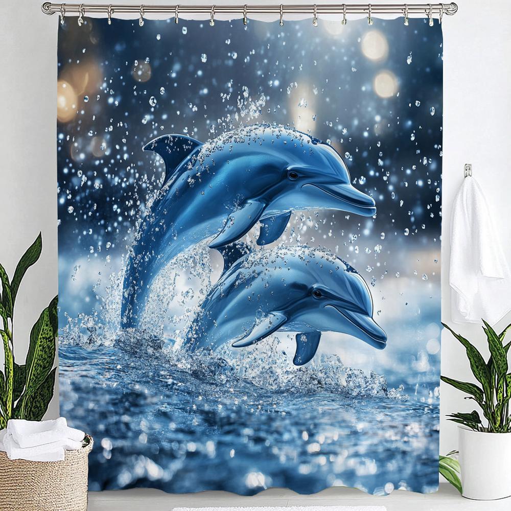 1pc Underwater World Blue Ocean Dolphin Cartoon Print Waterproof Shower Curtain Partition Privacy Hanging Curtain with 12 Hooks