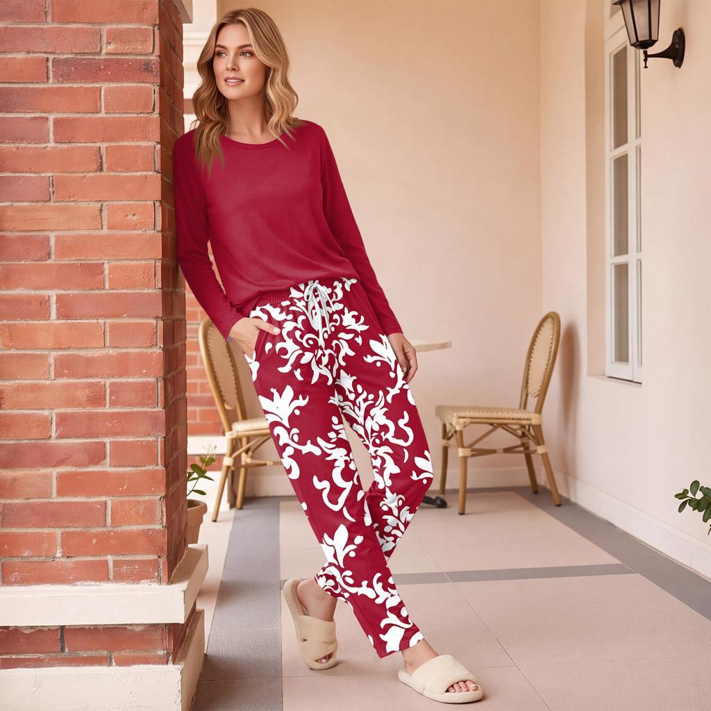 Damen Freizeit-Schlafanzug-Set mit Print, Rundhalsausschnitt und Lockerer Passform für Nachtwäsche und Loungewear