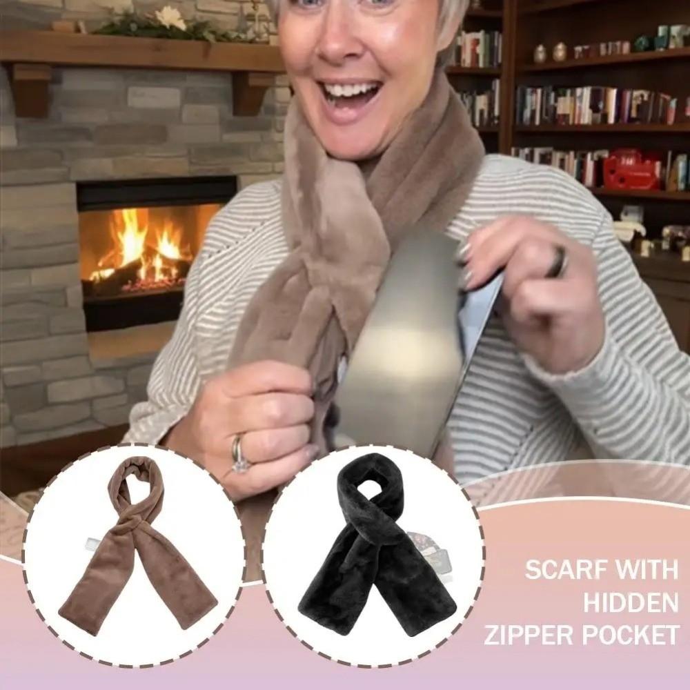 Soft Warm Long Scarf Phone Storage Faux Fur Scarf Scarf with Hidden Zipper Pocket  Daily Use