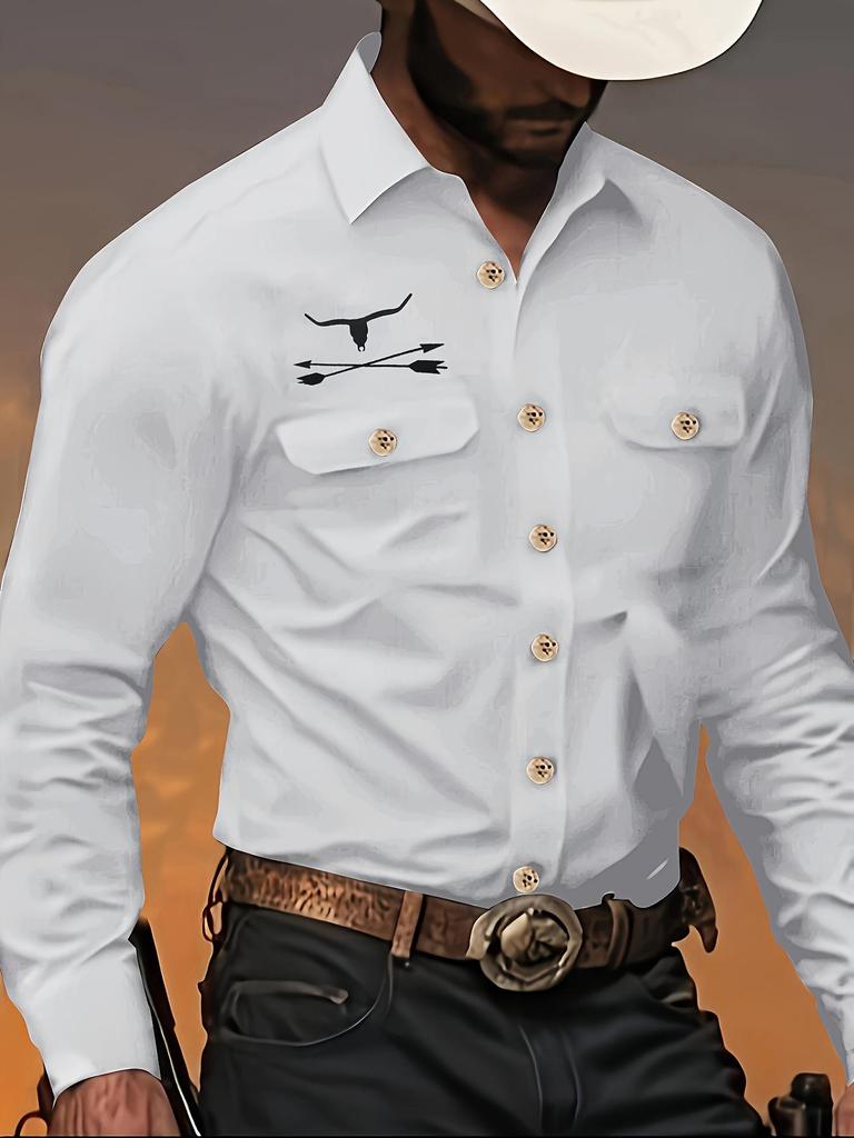 2025 Denim Series Bullhead Print Men's Casual Button-Down Shirt with Turn-Down Collar