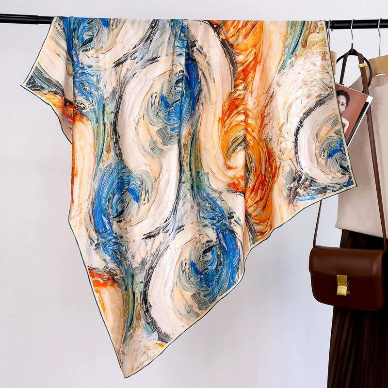 100% Pure Silk Scarf Women Neck Foulard Square Oil Painting Handscroll Edge Mulberry Silk Neckerchief Scarves Bandana 110*110cm