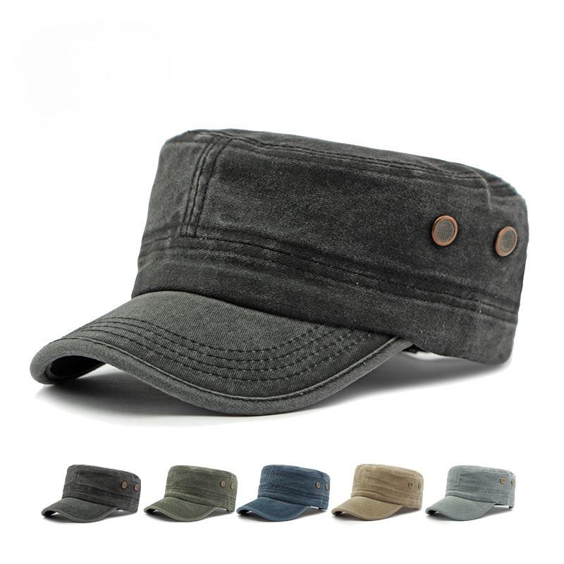Men's Washed Cotton Flat Top Cap Cadet Army Hat Breathable Patrol Cap Casual Solid Color Sun Protection Sunshade Hat