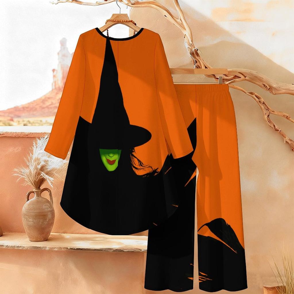 Halloween Print Two Piece Outfit Women Long Sleeve Irregular Hem Tunic Top Wide Leg Pants Casual Matching Set