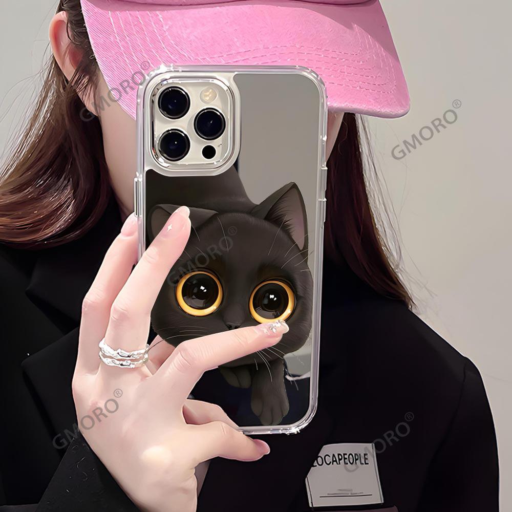 Funny kitten suitable for apple 16promax mirror mobile phone case high value iphone17 girls makeup mirror
