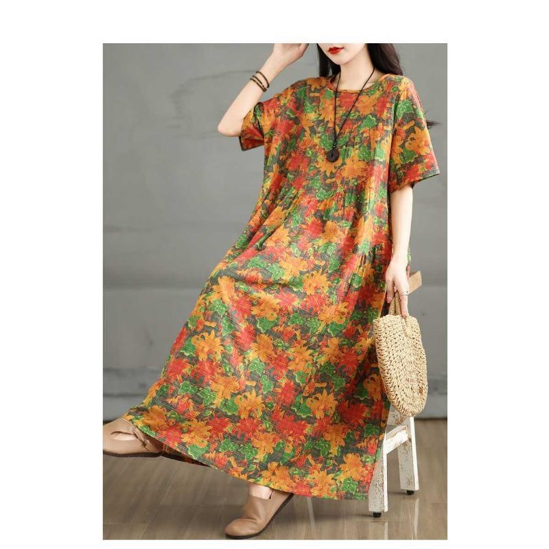 Summer Retro Cotton and Linen Round Neck Short Sleeved Dress, Women's Loose Skirt