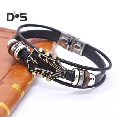 Braided Guitar Bracelet Zinc Alloy Adjustable Buckle Manual Woven Faux Leather 3-layered Retro Punk Wrist Jewelry
