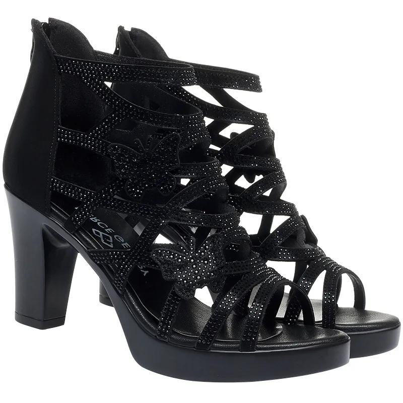 Fashion 2025 New Summer Woman Fish Mouth Sandals Crystal Hollow Out Comfortable Pumps Fashion High Heel Rome Elegant Bling Zip Shoes