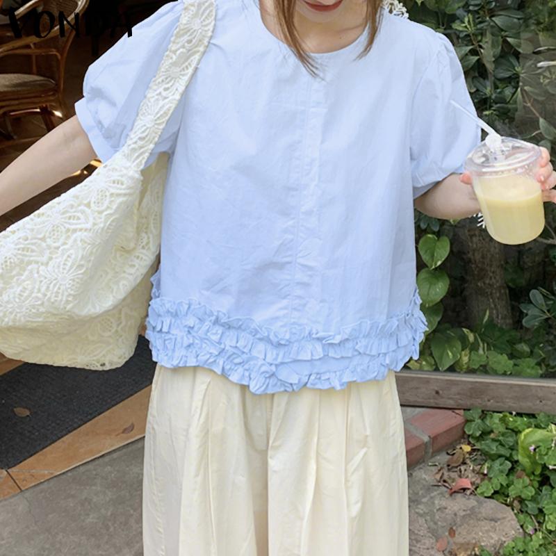 

VONDA Летняя женская блузка с круглым вырезом, пышными рукавами, однотонная, повседневная, с оборкой по низу 4XL синий