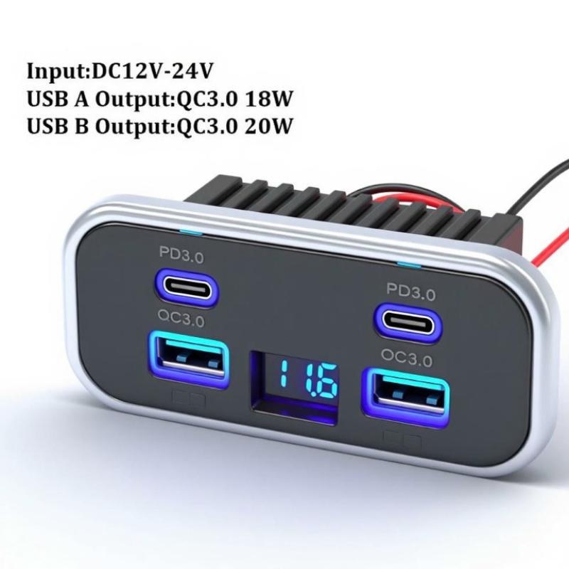 12V 24V Usb Outlet Car Charging 4-Ports Dual Pd Dual Qc3.0 Socket With Voltmeter Wall Mount Accessories For Car Marine Rv Truck