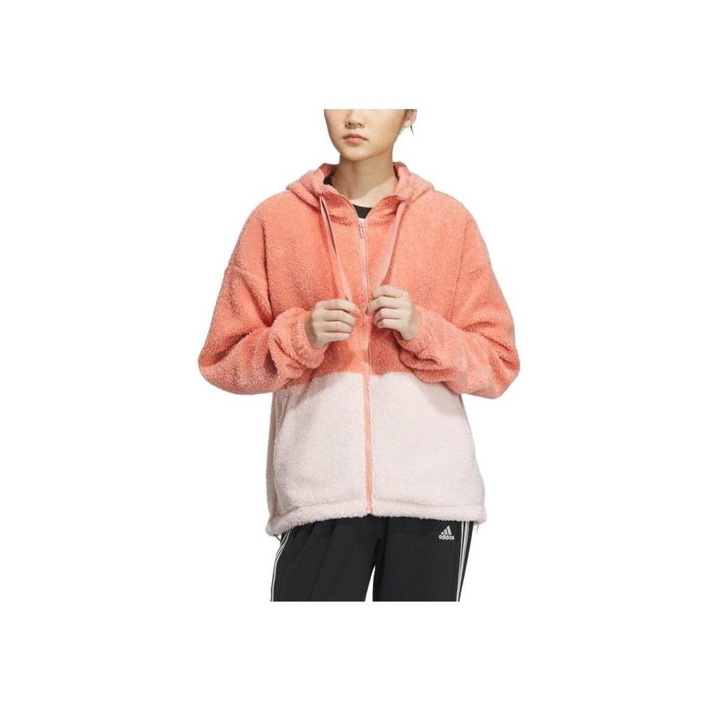 adidas Loose Fit Color Block Fleece Zip-Up Hoodie Jacket Women Jackets Orange IK9864
