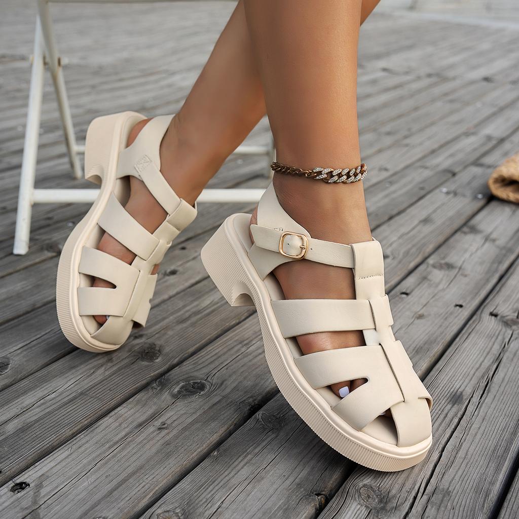 Sommer Baotou Sandalen Damen Webeschuhe Dicke Sohle Ein Riemen Schnalle mit Ausgehöhlten Strandschuhen Plateau Römische Sandalen