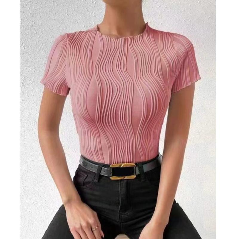 Summer Fashion Round Neck Short Sleeve Women Office Blouse New Solid Color Stripes Wavy Elegant Simple Shirt Casual Ladies Top Women's Clothing