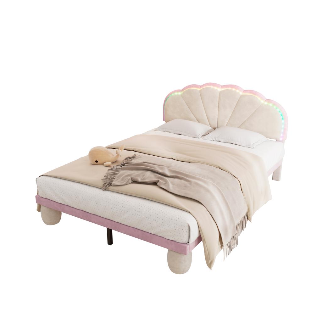 Upholstered Bed with Multicolor, Changing Light Strips, Headboard, with Upholstered Round Legs, Youth Bed, Double Bed, Velvet, Beige+pink, 140x200cm