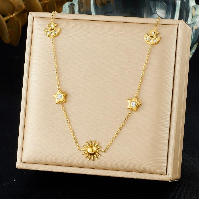 Gold Sun Moon Star Jewelry Set with Crystal Necklace and Earrings for Women