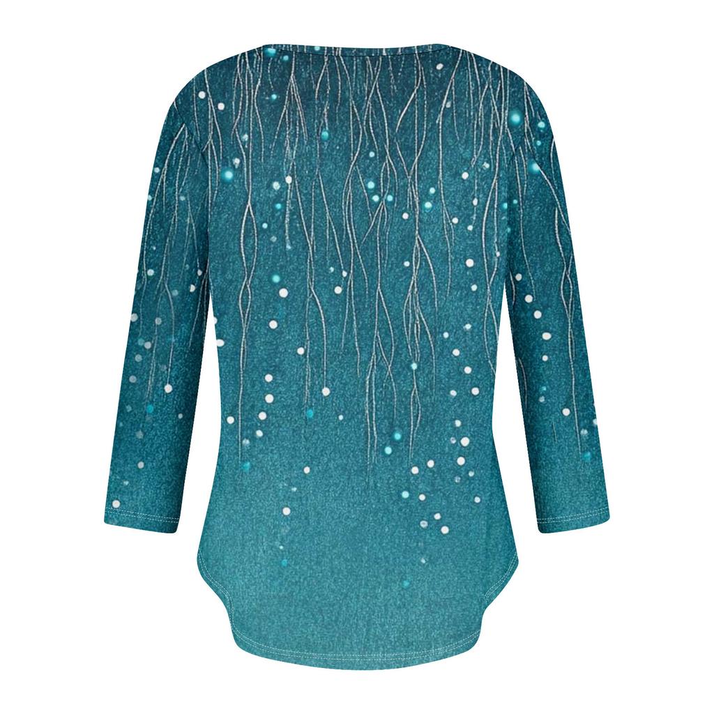Womens 3/4 Sleeve Daily Weekend V Neck Casual Printed Tshirts Loose Fit Pleated Tees Button Down Shirts