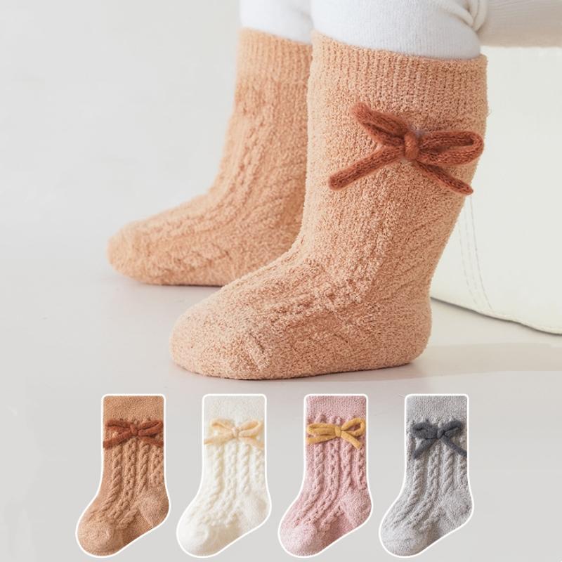 Baby Socks Solid Cotton Soft Long Princess Socks Plugging And Thickening with Cute Bow Boy Girls Stretchy Warm Cozy Casual Socks