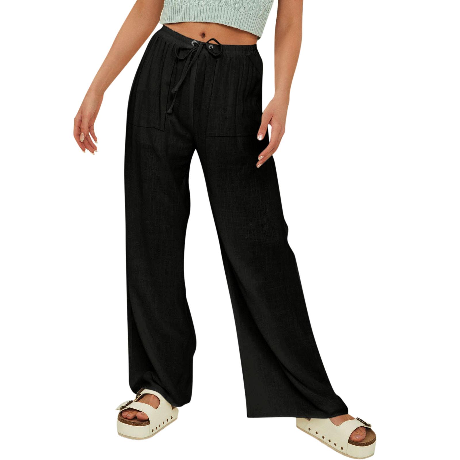 Women’s Fashionable Casual Cotton-Linen Trousers with Multiple Pockets and Stud Fastenings S чёрный