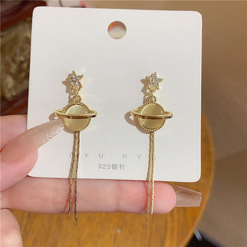

New temperament silver needle universe planet earrings women, long fringed opal stud earrings versatile earrings 925 silver needle