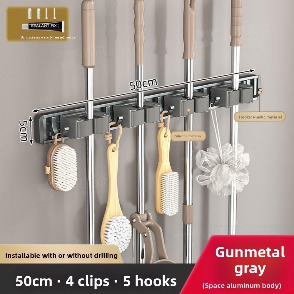Self Adhesive Wall Mounted Mop Holder 5/6 Hooks 4/5 Position Hanging Utility Rack Multifunctional Waterproof