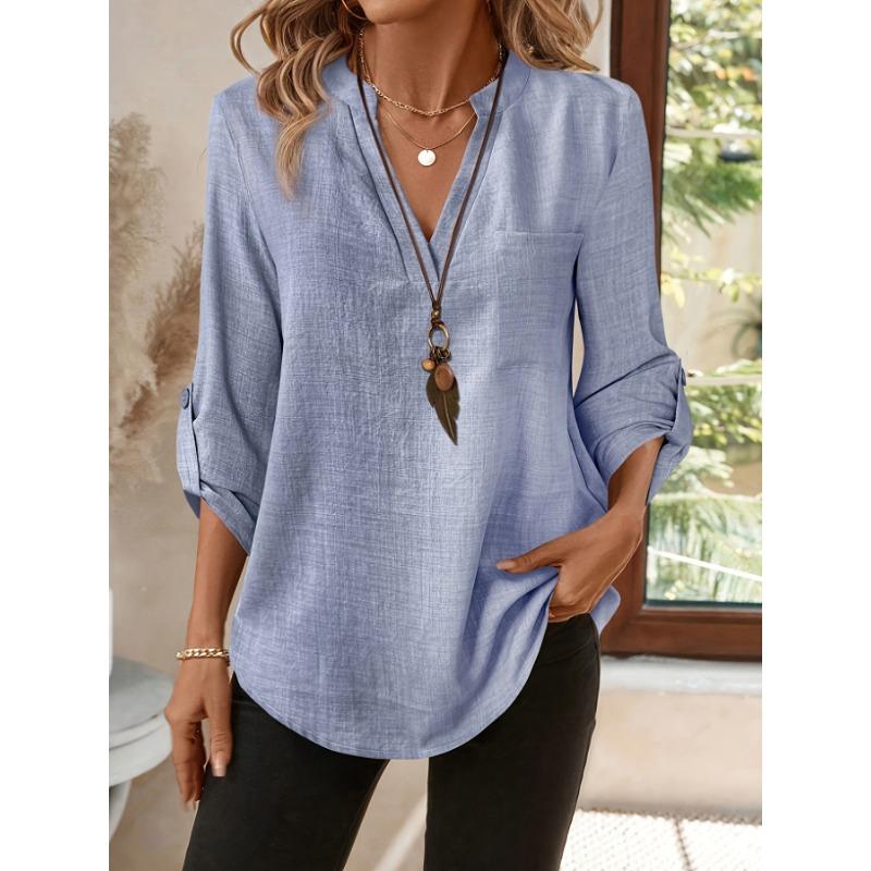 Solid Color Women's Fashionable Casual 9-quarter Sleeve Notch V-neck Shirt for Women Shirt