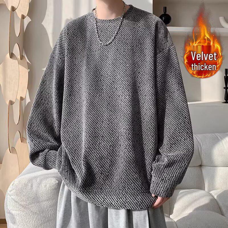 Men's Velvet Chenille Stripe Hoodie, Autumn/Winter, Warm Round Neck, Trendy American Style Pullover.