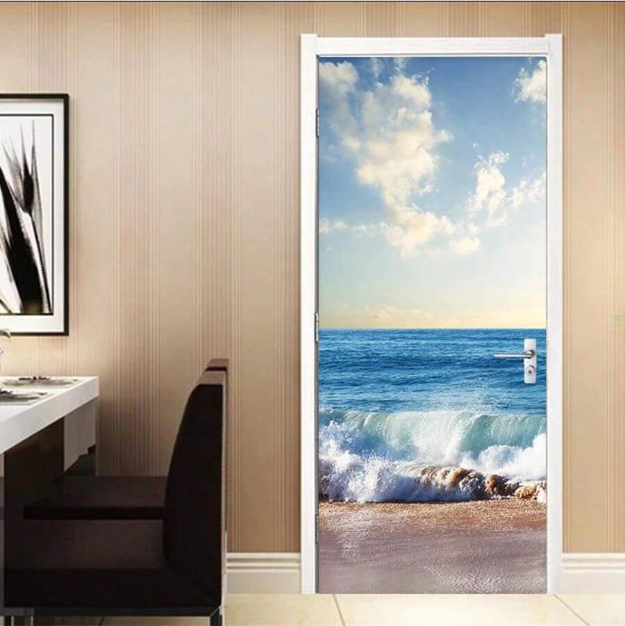 2 szt. Samoprzylepna Wodoodporna Naklejka na Drzwi Mural Pejzaż Morski Fala Plaża Wzór Scenerii Naturalnej Naklejka na Ścianę Do Dekoracji Drzwi Szafki Ściennej Wewnątrz i na Zewnątrz