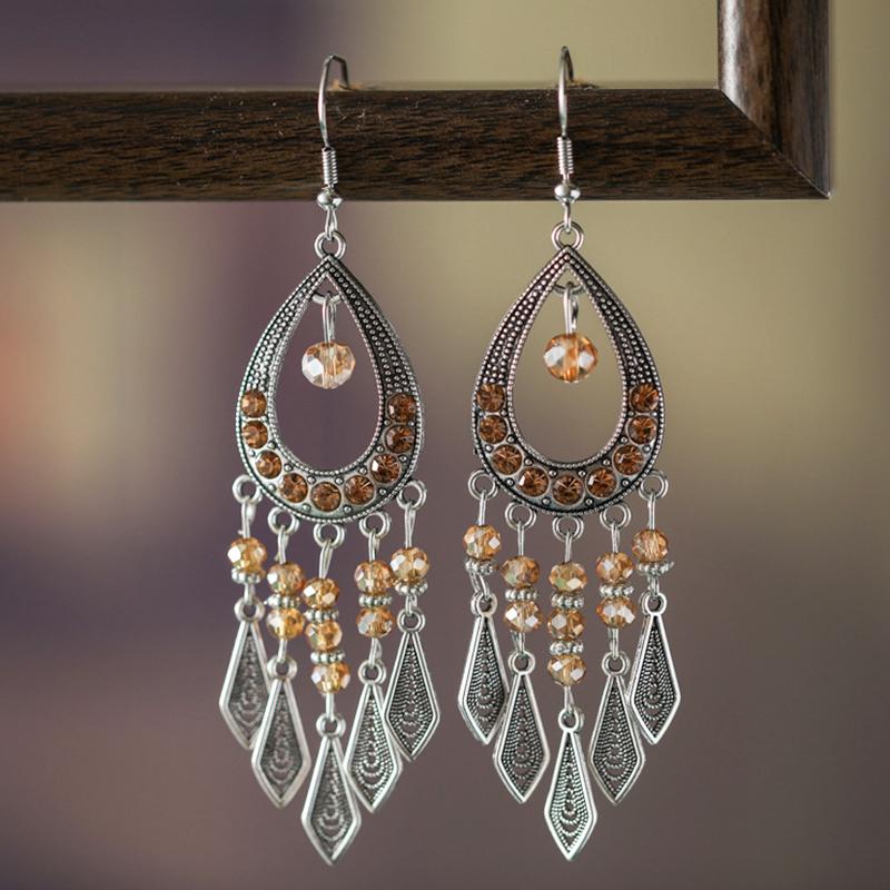 Ethnic Colorful Rhinestone Crystal Tassel Earrings For Women Vintage Niche Water Drop Shaped Earrings Vacation Daily Jewelry