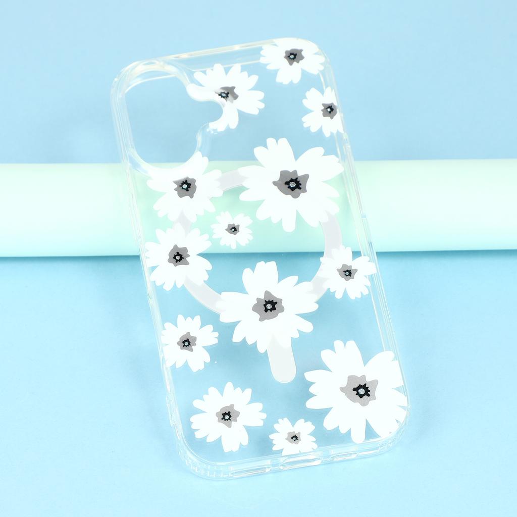 For iPhone 16 Plus Magnetic Case IMD Flower Pattern TPU + PC Clear Back Phone Cover