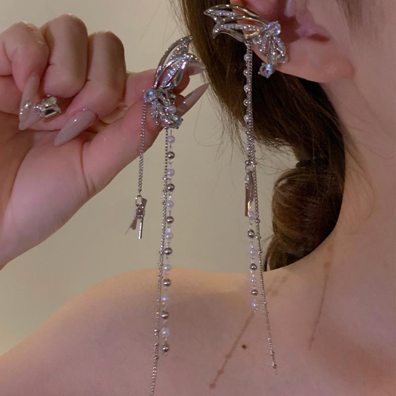 Silver Needle Star & Moon Tassel Ear Clips: Shiny Zircon, Sweet & Cool Style, Non-Pierced