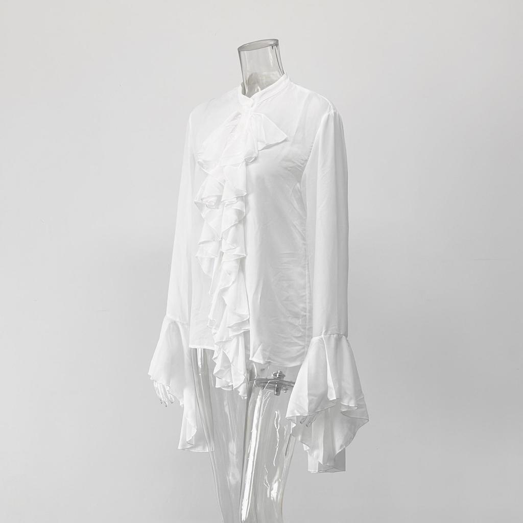 Elegant Ruffle Design French White Cardigan Blouse - Long Sleeve Women's Top