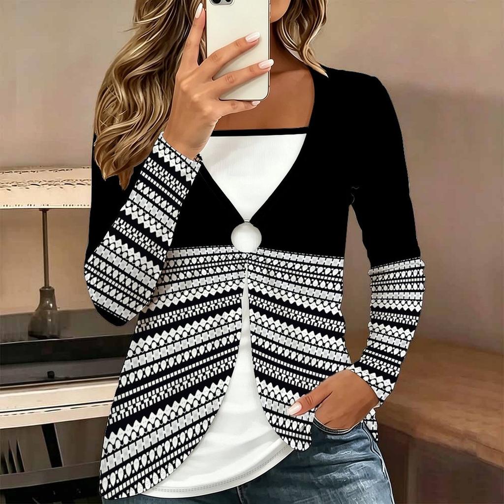 Tops for Women Geometric Print Long Sleeve Fake Two‑Piece Top Fall Casual Slim Pullover Women's Long Sleeve Top