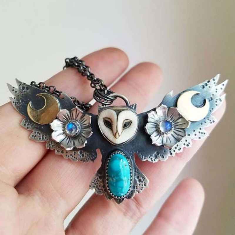 

Vintage playful cute owl animal necklace, gift jewelry for women on vacation or for parties