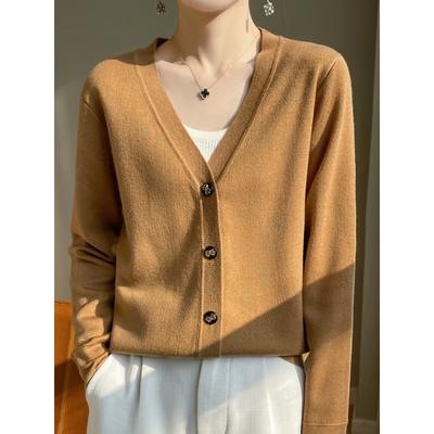 Spring and Autumn Gentle Wind V-neck Wool Cardigan Sweater Women's Simple Loose Solid Color Knitted Jacket