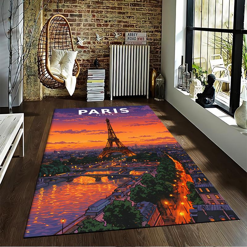 Paris France Travel Poster Eiffel Tower Sunset River Illustration Art Print decorative area rug accent for hallway entryway lounge