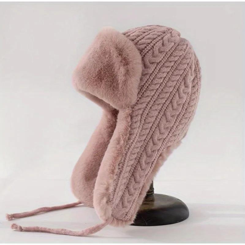Women'S Knit Hat With Extended Ear Flaps - Windproof Winter Cap For Cycling Korean Style Thickened Tie-Fastened Design