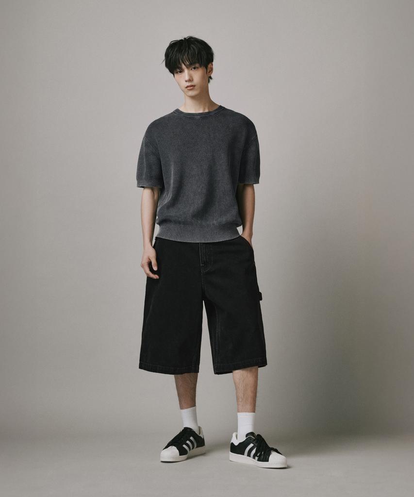 Beodeonteu Dyed Washed Carpenter Cotton Bermuda Shorts [Black]