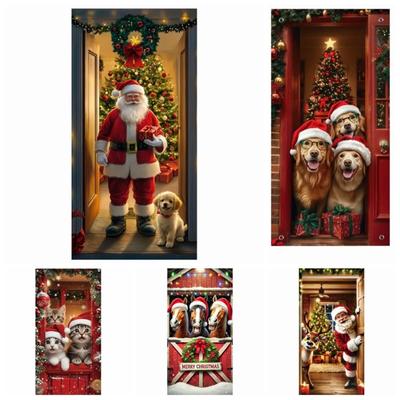 Housse de Porte de Noël Thème Animaux 35.4x70.8" Fond Tissu Suspendu de Noël Polyvalent Suspendu Chien Chat Décoration du Nouvel An
