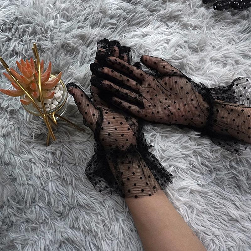 Paar Grace Herbst Sommer Damen Kurze Tüllhandschuhe Dehnbar Spitze Punkte Lotus