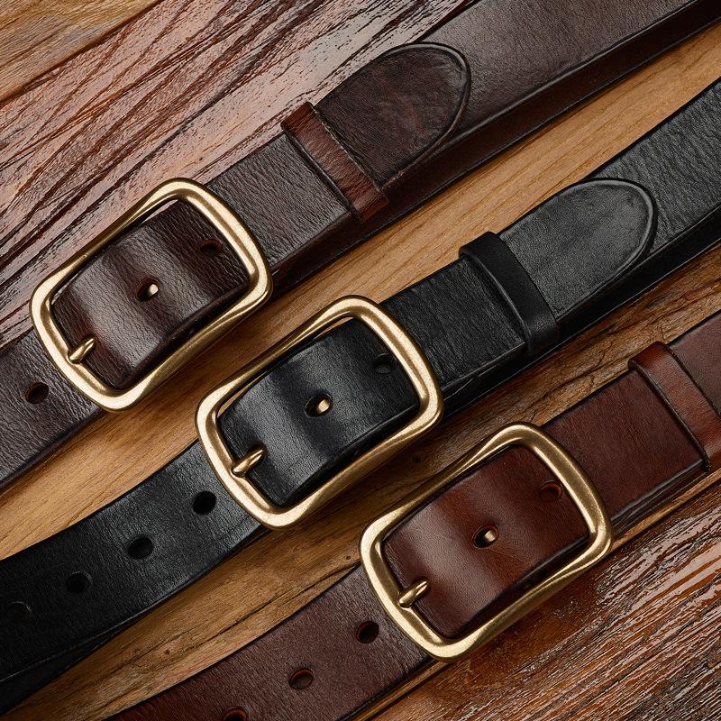 Retro Genuine Leather First Layer Cowhide Men'S Belt Pure Copper Buckle Pin Buckle Handmade Old Middle-Aged And Young Versatile Belt