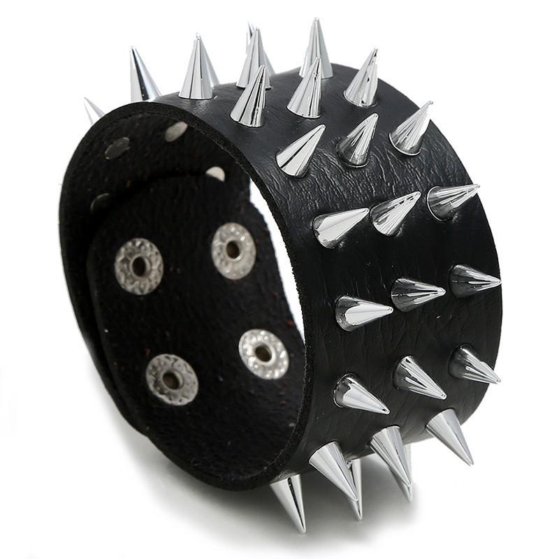 Men's Punk Leather Bracelet with Three-Row Spike Rivets