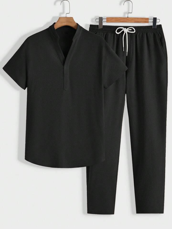 2026 Summer Men's Casual Sports Suit - Short Sleeve & Long Pants, Solid Color