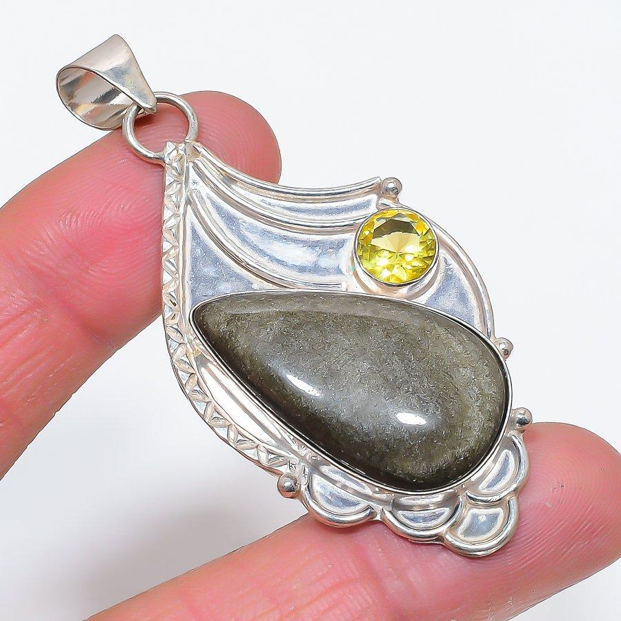 

Natural Silver Sheen Obsidian, Citrine 925 Sterling Silver Pendant 2.68 z1N98
