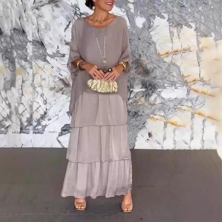 Elegant Chiffon Fashion Trendy Mesh Bat Sleeve Maxi Long Dress