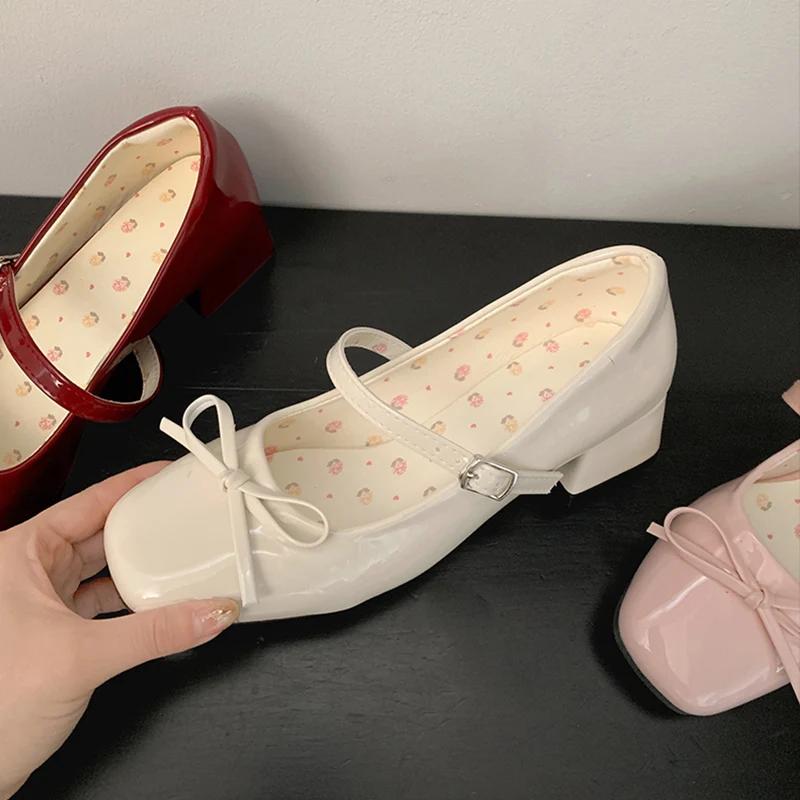 Fashion Women Mid Heel Pumps Patent Leather Women Mary Jane Shoes Fashion Shallow Butterfly-knot Shoes Spring Autumn Wedding Party Shoes